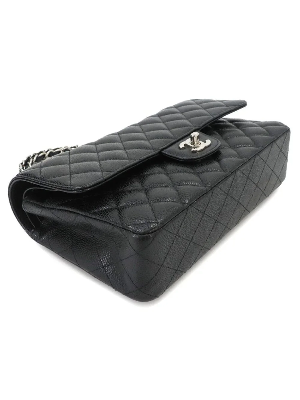 Chanel Quilted 25 Chain Shoulder Bag Caviar Leather Black Silver